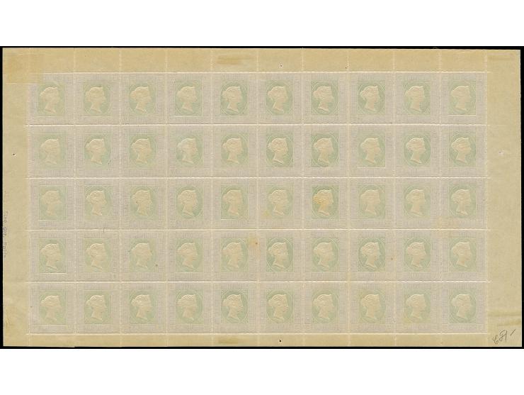 2 Sch. &nbsp;lilakarmin/dunkelgelblichgrün, kompletter Bogen zu 50 Marken mit allen Rändern, Feld 1 mit Plattenfehler "Linke 