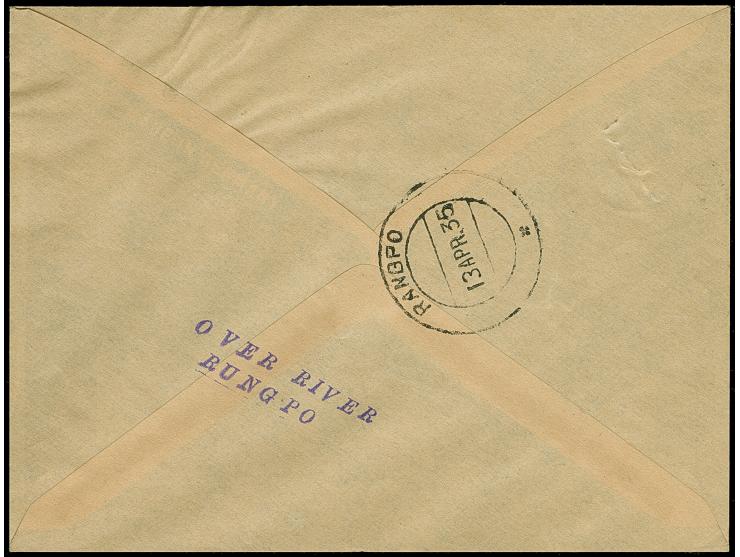 Indien: 1935, Rakete Nr. 58 " vom 13.4. über dem Fluss Rungpo, Brief mit gelber Vignette und Freimarke 3 P. im waagerechten D