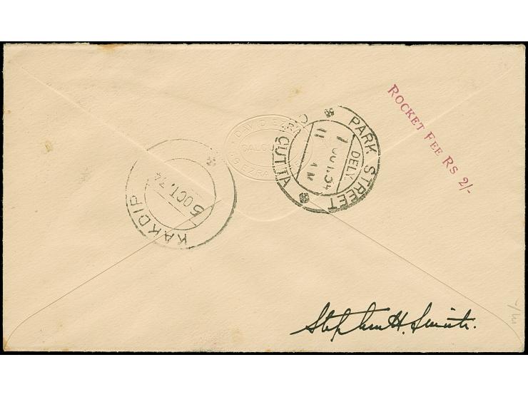Indien: 1934, Rakete Nr. 9 vom 3.10., Brief mit roter Vignette und Freimarken 3 P. und 1A. mit Stempel “MURIGANGA 4.OCT.34” s