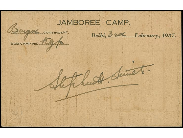 Indien: 1937, Rakete Nr. 130 “Lord Baden-Powell” vom 3.2., farbige Vordruckkarte mit blauer Vignette und violettem Sonderstem