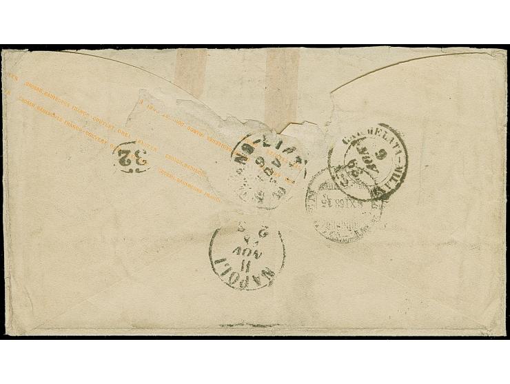 1 Kr. schwarz, 6 Kr. ultramarin und 9 Kr. fahlbraun mit DKr. "MÜLHEIM 6. Nov." (1868) als Zufrankatur auf Ganzsachenumschlag 