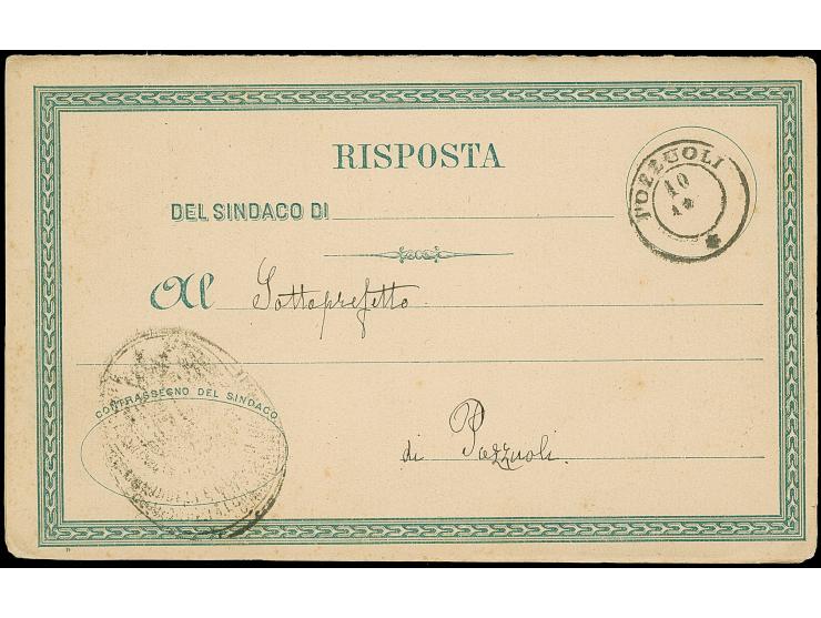 1875, official double card 15l., used back and forth with cds. “POZZOULI 10 … 76” with text, toned and transportation wear, t