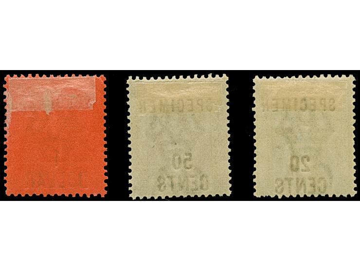 1891, surcharges 20 c. on 3 c., 50 c. on 48 c. and 1 $. on 96 c., all with “SPECIMEN” overprint, unused with original gum, 20