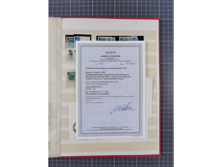 1945/49, postfrische, ungebrauchte und gestempelte Partie in 3 Steckbüchern, dabei u.a. 3 Rotkreuz-Blocks mit Fotoattesten We