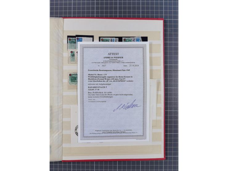 1945/49, postfrische, ungebrauchte und gestempelte Partie in 3 Steckbüchern, dabei u.a. 3 Rotkreuz-Blocks mit Fotoattesten We