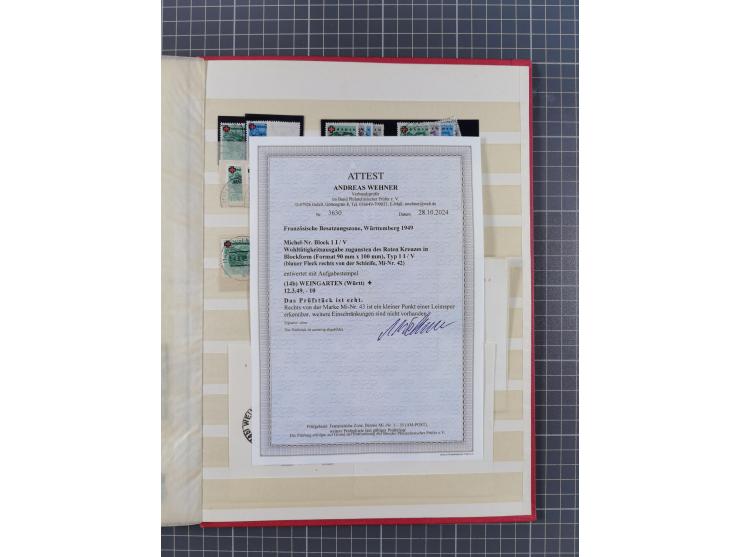 1945/49, postfrische, ungebrauchte und gestempelte Partie in 3 Steckbüchern, dabei u.a. 3 Rotkreuz-Blocks mit Fotoattesten We