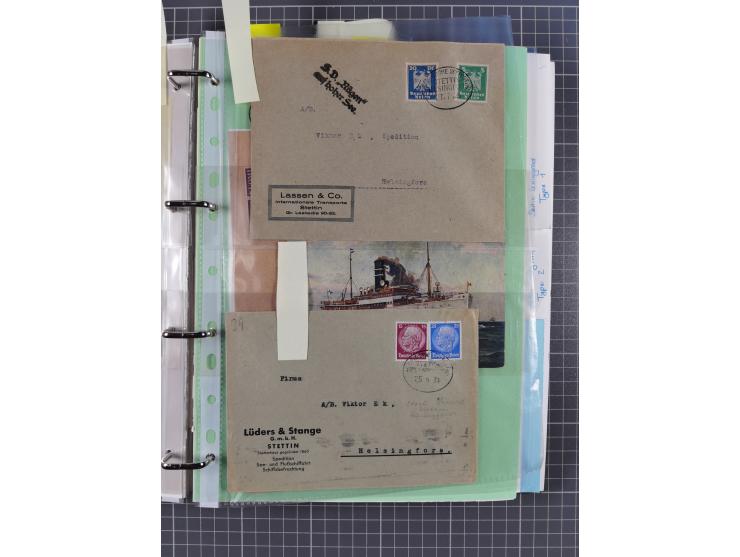 1923/35, kleine Sammlung “DSP mit Bezug zu Stettin mit Briefen, Karten und GSK, meist Sammlerpost mit u.a. violettem Stempel 