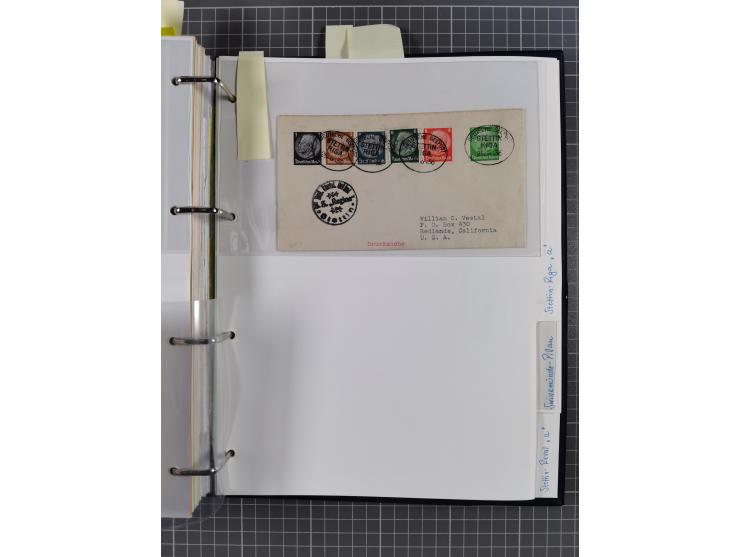 1923/35, kleine Sammlung “DSP mit Bezug zu Stettin mit Briefen, Karten und GSK, meist Sammlerpost mit u.a. violettem Stempel 