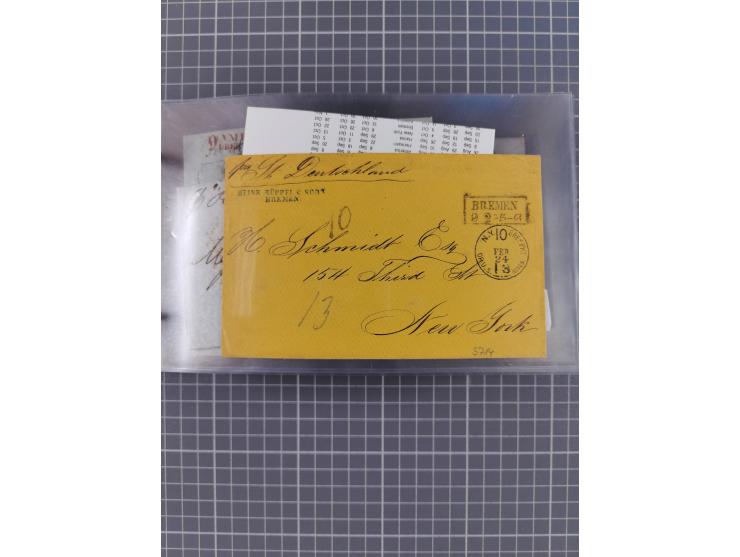 1846/77, 40 Briefe von bzw. in die USA mit Transit über Bremen bzw. nach Bremen adressiert, dabei viele verschiedene Tax- und