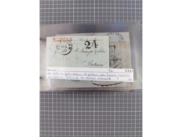 1846/77, 40 Briefe von bzw. in die USA mit Transit über Bremen bzw. nach Bremen adressiert, dabei viele verschiedene Tax- und
