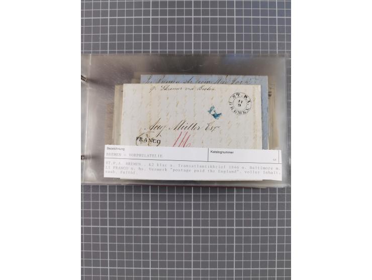 1846/77, 40 Briefe von bzw. in die USA mit Transit über Bremen bzw. nach Bremen adressiert, dabei viele verschiedene Tax- und