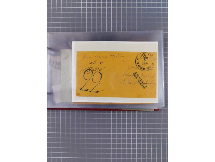 1846/77, 40 Briefe von bzw. in die USA mit Transit über Bremen bzw. nach Bremen adressiert, dabei viele verschiedene Tax- und