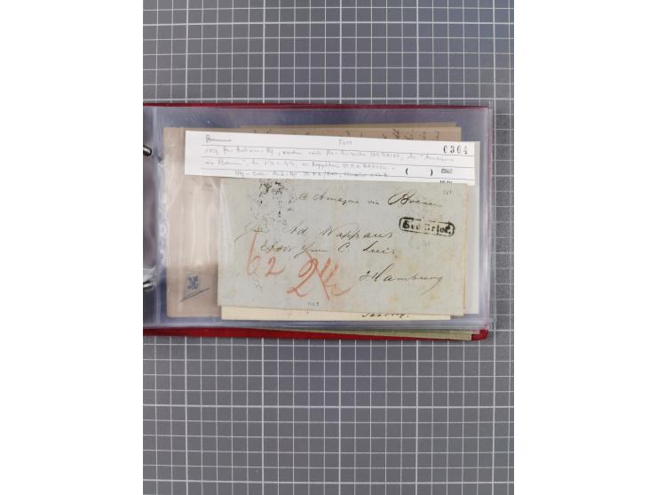 1846/77, 40 Briefe von bzw. in die USA mit Transit über Bremen bzw. nach Bremen adressiert, dabei viele verschiedene Tax- und