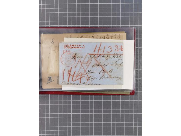 1846/77, 40 Briefe von bzw. in die USA mit Transit über Bremen bzw. nach Bremen adressiert, dabei viele verschiedene Tax- und