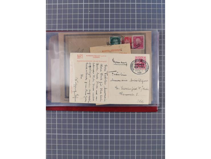 1891/1925, Sammlung “DASP BREMEN-NEW YORK I.-X.” mit ca. 50 Briefen, Karten und GSK, dabei zwei Postkarten mit L1 “Missent to