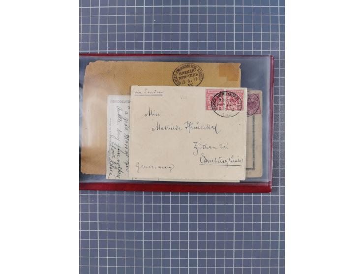 1891/1925, Sammlung “DASP BREMEN-NEW YORK I.-X.” mit ca. 50 Briefen, Karten und GSK, dabei zwei Postkarten mit L1 “Missent to