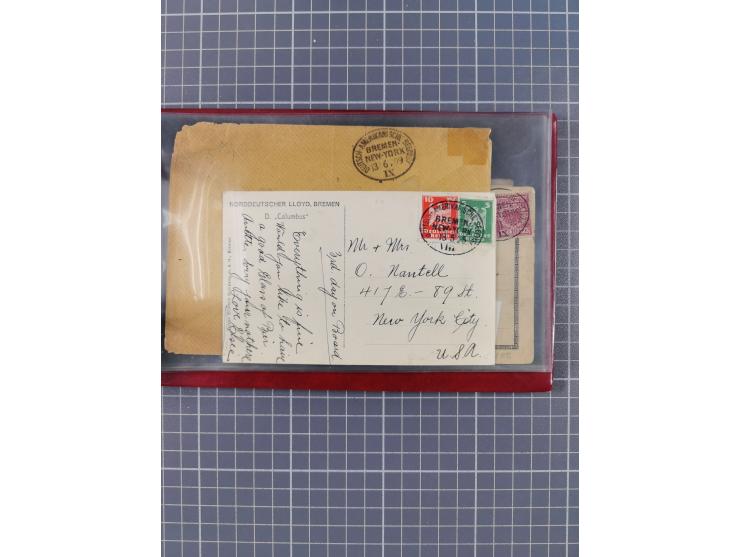 1891/1925, Sammlung “DASP BREMEN-NEW YORK I.-X.” mit ca. 50 Briefen, Karten und GSK, dabei zwei Postkarten mit L1 “Missent to