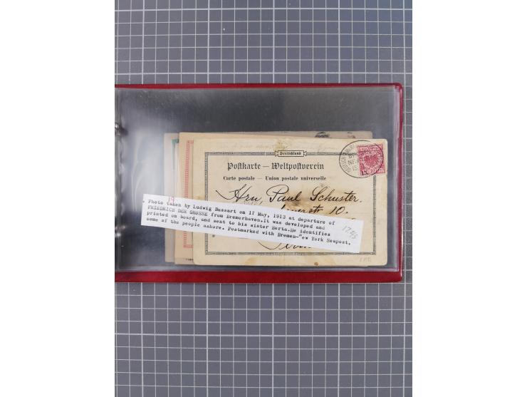 1891/1925, Sammlung “DASP BREMEN-NEW YORK I.-X.” mit ca. 50 Briefen, Karten und GSK, dabei zwei Postkarten mit L1 “Missent to