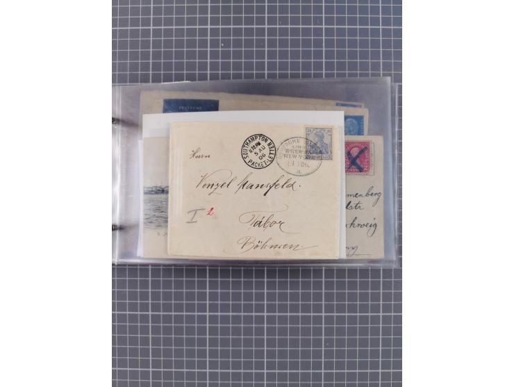 1906/33, Sammlung “DSP LINIE BREMEN-NEW YORK a-h” mit ca. 60 Briefen, Karten und GSK, dabei u.a. Ozean-Briefumschlag 1932 und