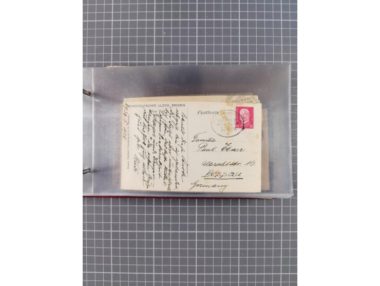 1906/33, Sammlung “DSP LINIE BREMEN-NEW YORK a-h” mit ca. 60 Briefen, Karten und GSK, dabei u.a. Ozean-Briefumschlag 1932 und