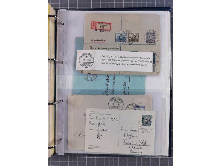 1924/36, Sammlung “DSP LINIE HAMBURG-OSTAFRIKA A-E +a-c” mit 24 Briefen, Karten und GSK, dabei u.a. zwei R-Briefe, dazu Forsc
