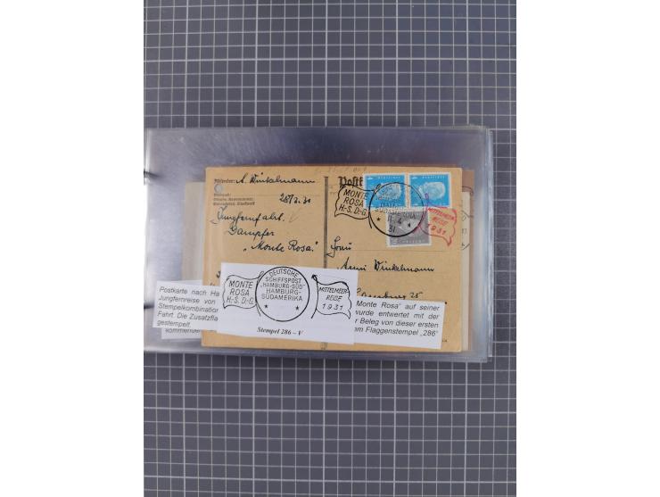 1925/35, kleine Sammlung Flaggenstempel “DSP HAMBURG-SÜDAMERIKA” mit ca. 90 Briefen, Karten und GSK, dabei u.a. zwei R-Briefe