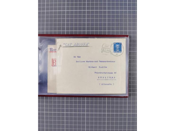 1925/35, kleine Sammlung Flaggenstempel “DSP HAMBURG-SÜDAMERIKA” mit ca. 90 Briefen, Karten und GSK, dabei u.a. zwei R-Briefe