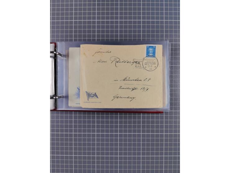 1914/37, Sammlung Flaggenstempel “DASP HAMBURG-NEW YORK” mit 50 Briefen, Karten und GSK, dabei drei R-Briefe und frühe Flagge