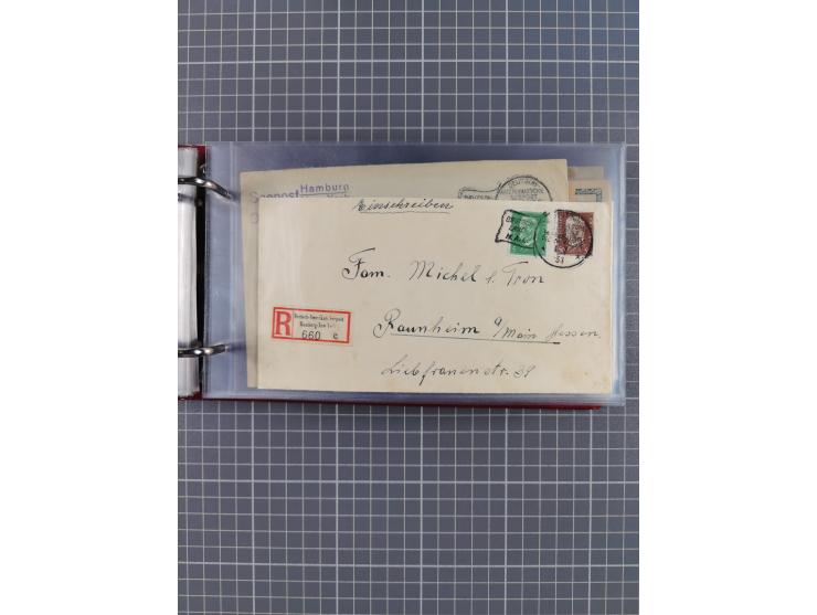 1914/37, Sammlung Flaggenstempel “DASP HAMBURG-NEW YORK” mit 50 Briefen, Karten und GSK, dabei drei R-Briefe und frühe Flagge