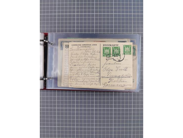 1914/37, Sammlung Flaggenstempel “DASP HAMBURG-NEW YORK” mit 50 Briefen, Karten und GSK, dabei drei R-Briefe und frühe Flagge