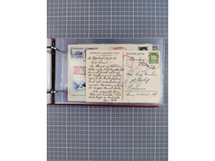 1914/37, Sammlung Flaggenstempel “DASP HAMBURG-NEW YORK” mit 50 Briefen, Karten und GSK, dabei drei R-Briefe und frühe Flagge