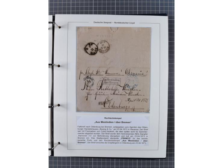 1873/1932, kleine Sammlung “DSP LINIE BREMEN-CUBA” mit 10 Briefen, Karten und Ganzsachen, dabei Bedarfspost. Dazu sieben Brie