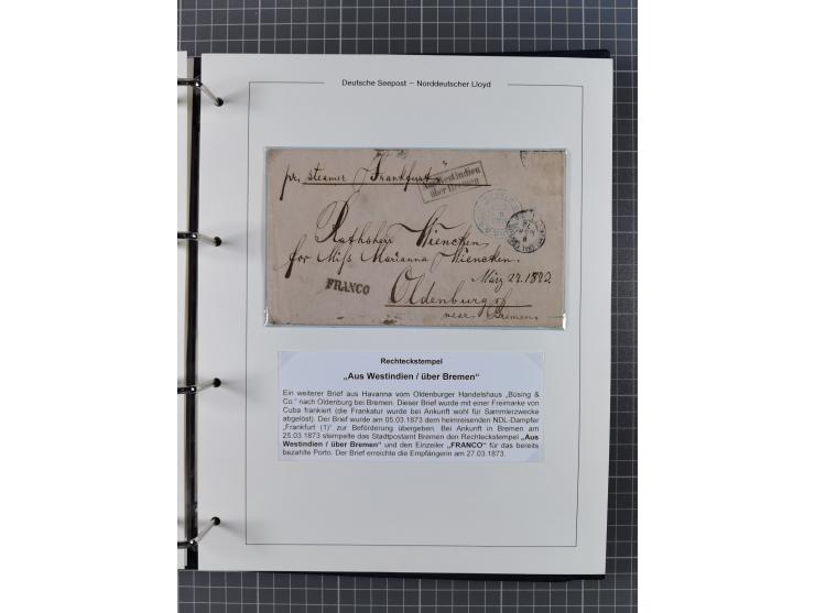 1873/1932, kleine Sammlung “DSP LINIE BREMEN-CUBA” mit 10 Briefen, Karten und Ganzsachen, dabei Bedarfspost. Dazu sieben Brie