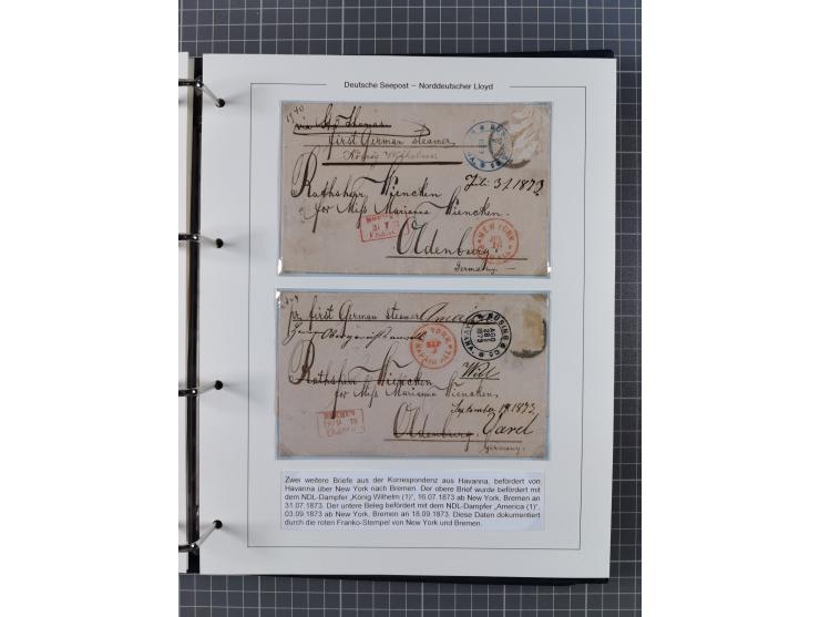 1873/1932, kleine Sammlung “DSP LINIE BREMEN-CUBA” mit 10 Briefen, Karten und Ganzsachen, dabei Bedarfspost. Dazu sieben Brie