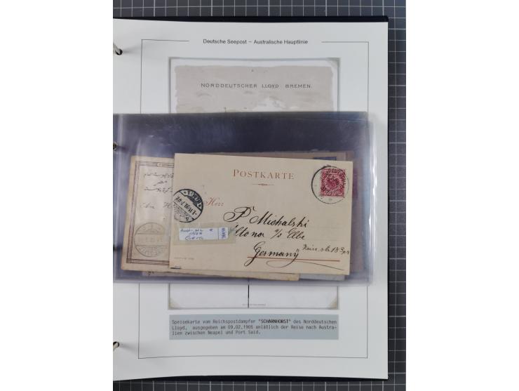 1887/1912, kleine Sammlung “DSP AUSTRALISCHE HAUPTLINIE” mit 35 Briefen, Karten und GSK, dabei frühe Post mit Aufgabe-Vermerk