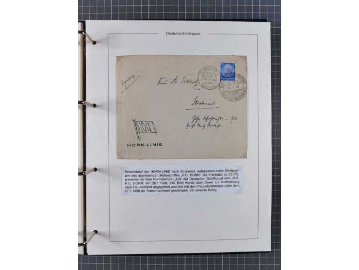 1933/39. interessante Sammlung “Die Schiffspoststempel der Reederei H.C. Horn” mit 21 Briefen, Karten und Ganzsachen, dabei u