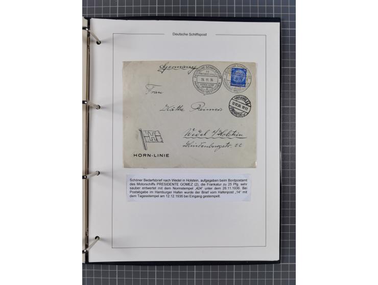 1933/39. interessante Sammlung “Die Schiffspoststempel der Reederei H.C. Horn” mit 21 Briefen, Karten und Ganzsachen, dabei u
