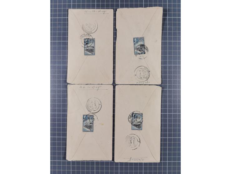 1904/55, 25 covers including 1909 Jaffna to Madras with violet CASH PAID K.M.PR., Railway Post Office 1904, Devakottai Reply 