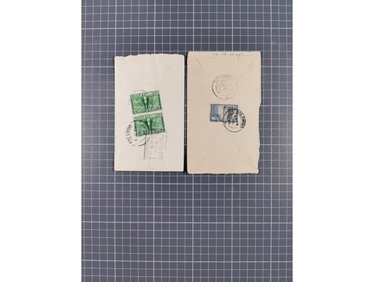 1904/55, 25 covers including 1909 Jaffna to Madras with violet CASH PAID K.M.PR., Railway Post Office 1904, Devakottai Reply 