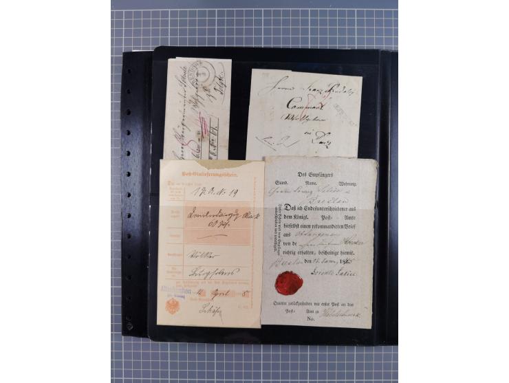 1830/67, kleine Sammlung mit Vorphila- und unfrankierten Briefen, Marken, frankierten Briefen, Ganzsachen, Postscheinen, etc.