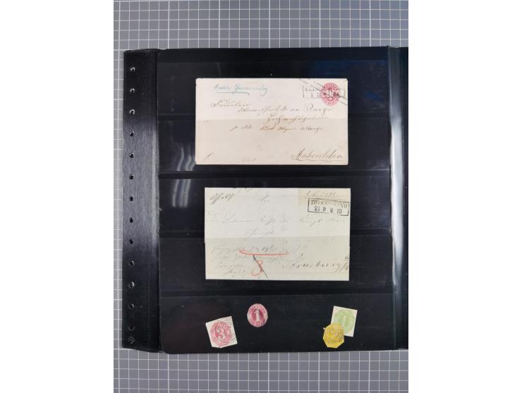 1830/67, kleine Sammlung mit Vorphila- und unfrankierten Briefen, Marken, frankierten Briefen, Ganzsachen, Postscheinen, etc.