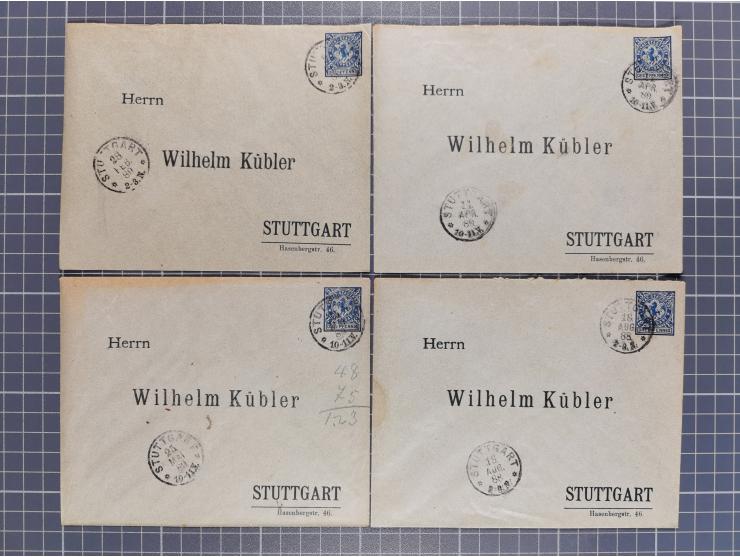 STUTTGART: 1886, Umschlag 3 Pfg. blau mit vorgedruckter Adresse “Wilhelm Kübler”, 85 Stück bedarfsgebraucht (Müller U4Z, 7600
