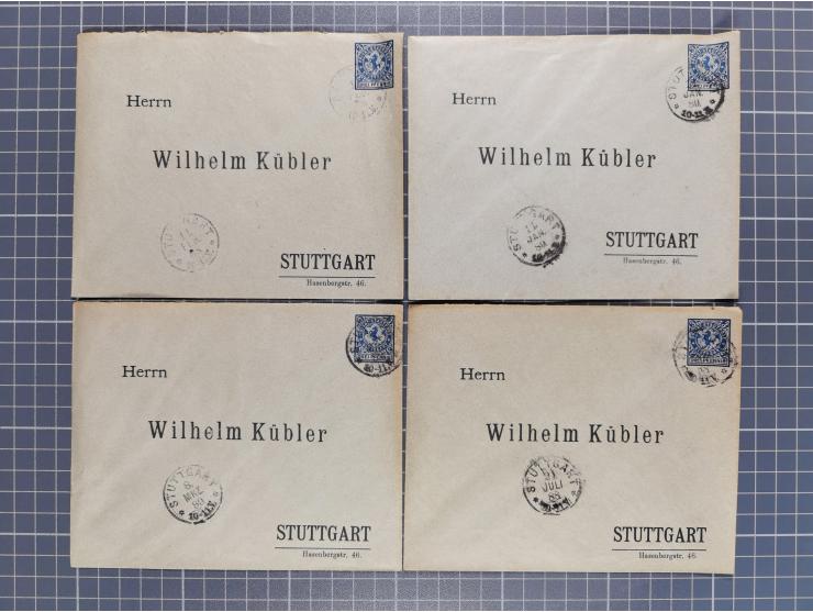 STUTTGART: 1886, Umschlag 3 Pfg. blau mit vorgedruckter Adresse “Wilhelm Kübler”, 85 Stück bedarfsgebraucht (Müller U4Z, 7600