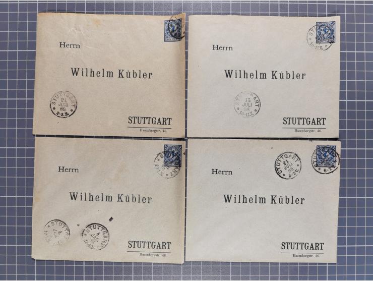 STUTTGART: 1886, Umschlag 3 Pfg. blau mit vorgedruckter Adresse “Wilhelm Kübler”, 85 Stück bedarfsgebraucht (Müller U4Z, 7600