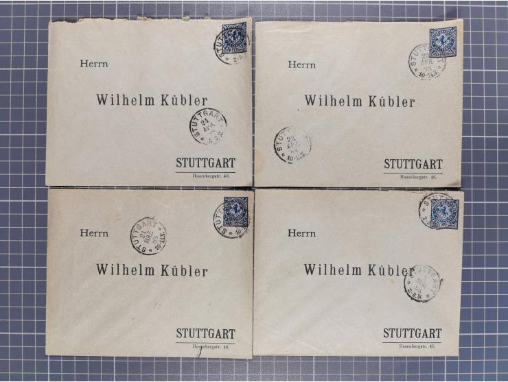 STUTTGART: 1886, Umschlag 3 Pfg. blau mit vorgedruckter Adresse “Wilhelm Kübler”, 85 Stück bedarfsgebraucht (Müller U4Z, 7600