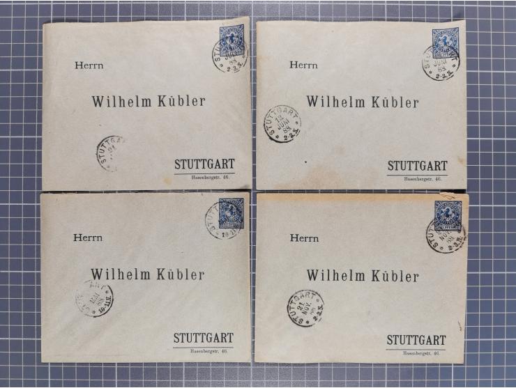 STUTTGART: 1886, Umschlag 3 Pfg. blau mit vorgedruckter Adresse “Wilhelm Kübler”, 85 Stück bedarfsgebraucht (Müller U4Z, 7600