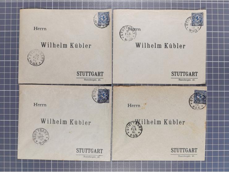 STUTTGART: 1886, Umschlag 3 Pfg. blau mit vorgedruckter Adresse “Wilhelm Kübler”, 85 Stück bedarfsgebraucht (Müller U4Z, 7600