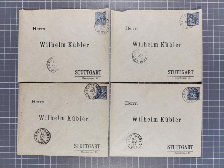 STUTTGART: 1886, Umschlag 3 Pfg. blau mit vorgedruckter Adresse “Wilhelm Kübler”, 85 Stück bedarfsgebraucht (Müller U4Z, 7600
