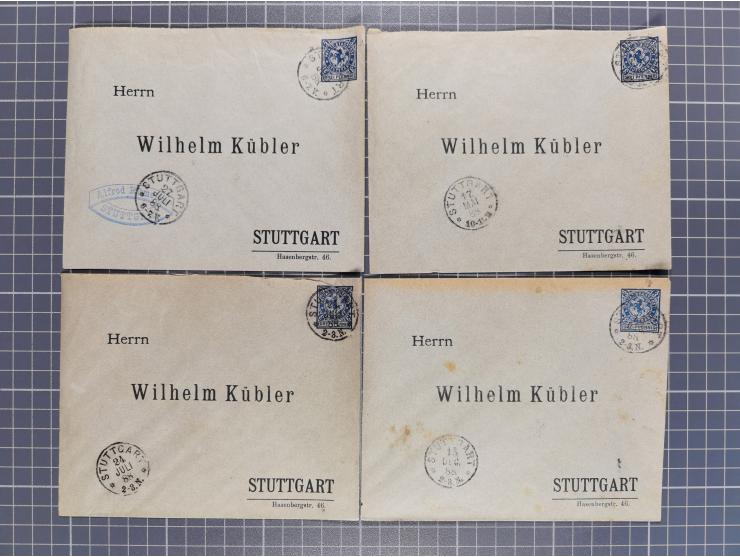 STUTTGART: 1886, Umschlag 3 Pfg. blau mit vorgedruckter Adresse “Wilhelm Kübler”, 85 Stück bedarfsgebraucht (Müller U4Z, 7600