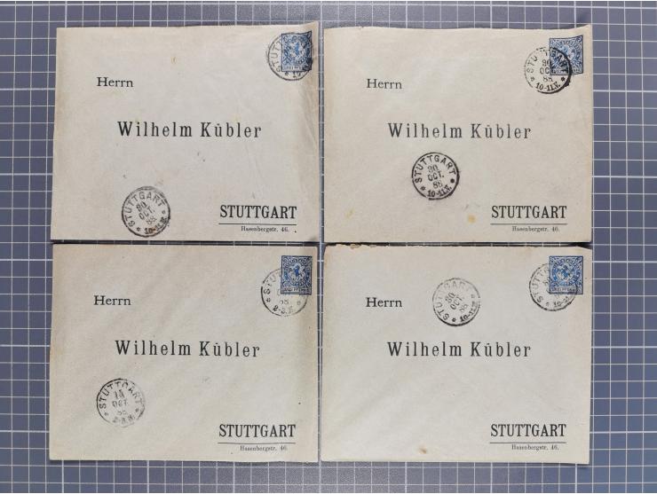 STUTTGART: 1886, Umschlag 3 Pfg. blau mit vorgedruckter Adresse “Wilhelm Kübler”, 85 Stück bedarfsgebraucht (Müller U4Z, 7600